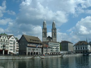 Zurich with the Limmat river in the foreground and the Grossmunster in the background